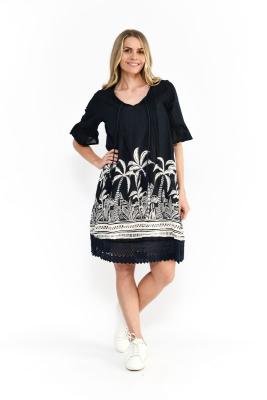 Hannah Navy Mono Border Tunic Boho Dress