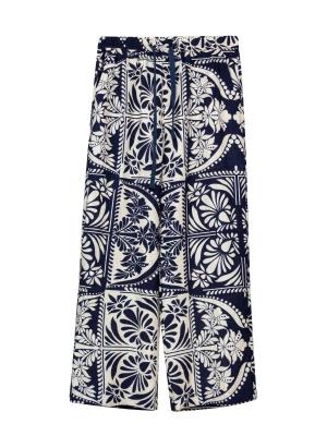 Navy and Cream Print Soft Crepe Pants