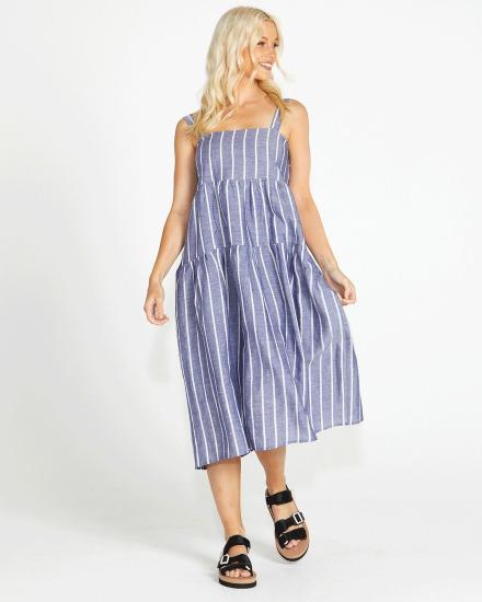 Lydia Shirred Back Midi Dress Navy Stripe