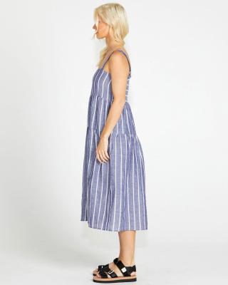 Lydia Shirred Back Midi Dress Navy Stripe