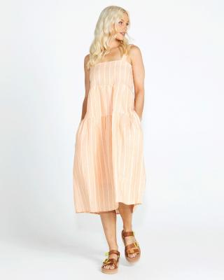 Lydia Peach Stripe Shirred Back Midi Dress