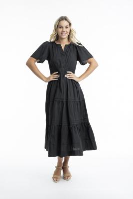 Black Poplin Maxi Ruched Waist Dress