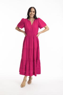 Hot Pink Poplin Maxi Ruched Waist Dress