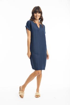 Navy Linen Cap Sleeve Shift Dress
