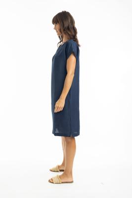 Navy Linen Cap Sleeve Shift Dress