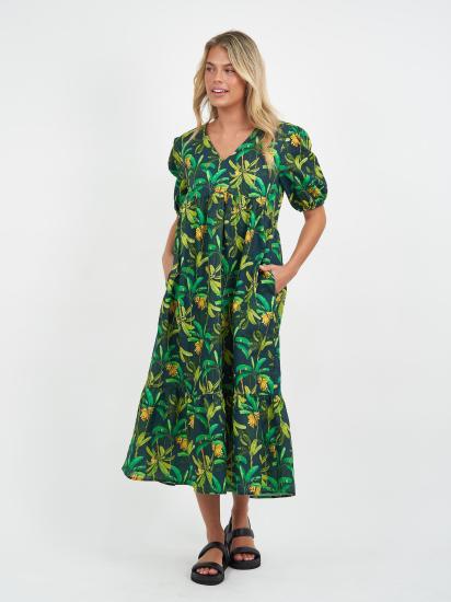Green Forest Linen Print Vee Dress