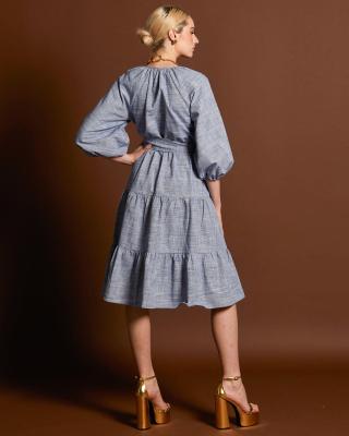 Landslide Raglan Blue Texture Tiered Midi Dress