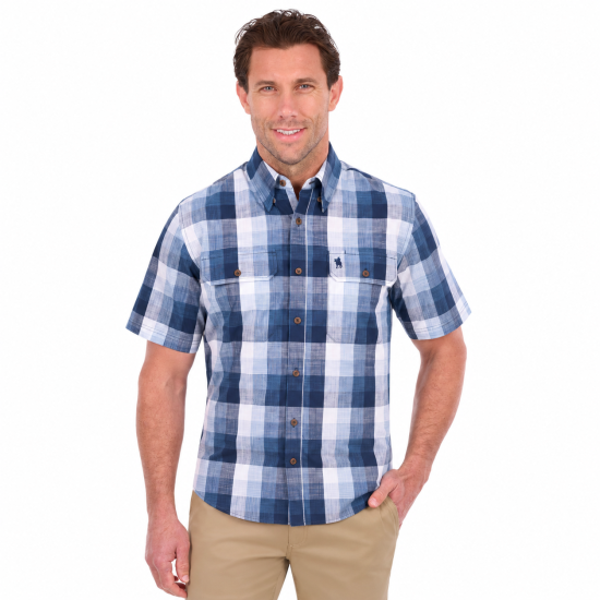 Oscar Navy Check Men's Two Pocket Short Sleeve Shirt