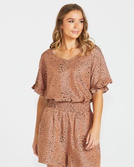 Davie Sandy Tan Animal Print Top