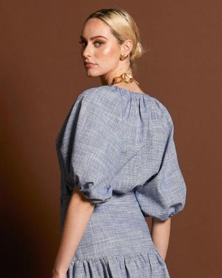 Landside Blue Texture Puff Sleeve Raglan Top