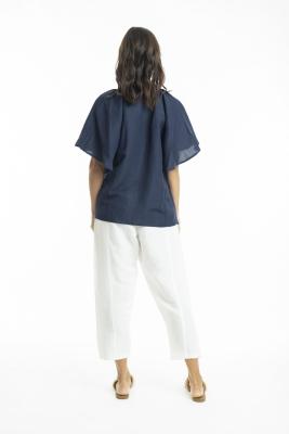 Navy Linen Chinese Collar Top with Wide Sleeve
